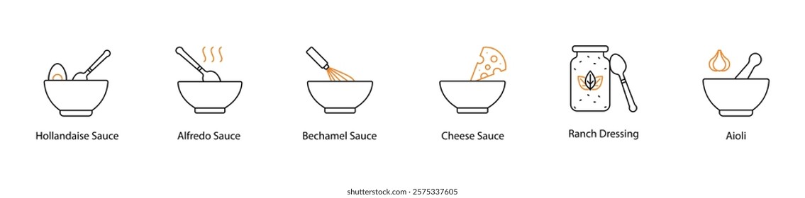 Icon Set: Hollandaise, Alfredo, Bechamel, Cheese, Ranch, and Aioli Sauces