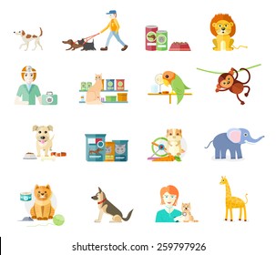 Icon set with home animals silhouettes of pets isolated on white background. Hamster, parrot, cat, elephant, giraffe, monkey and dog in flat design cartoon style