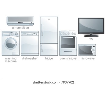 Icon set - home appliances: air-condition, washing machine, dishwasher, fridge, oven, stove, microwave, TV. Aqua style. Vector illustration