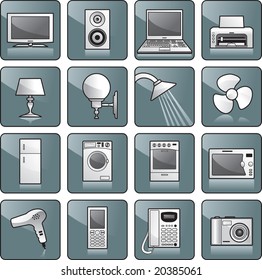 Icon set - home appliances: TV, stereo, computer, printer, lamp, shower, fan, fridge, washing machine, stove, microwave oven, hairdryer, cell phone, telephone, digital camera. Vector illustration