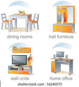 Icon set - home furniture, dining rooms, hall, wall units, home office. Aqua style. Vector illustration, part 2