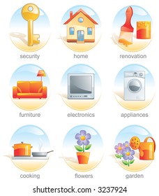 Icon set, home, key, renovate, furniture, electronics, appliance, cook, flower, garden. Aqua style