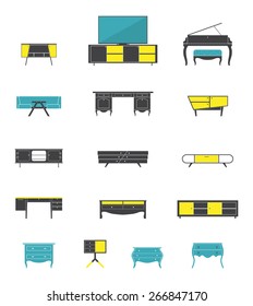 Icon set of home and office furniture interior in flat design . Vector. Illustration.