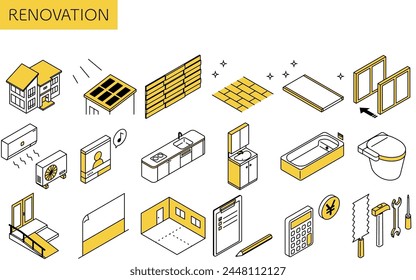 Icon-Set für die Wohnungsrenovierung, einfache isometrische Illustration, Vektorillustration