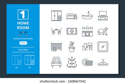 Icon Set Home Room line style. Vector linear icons set. Contains such Icons as Wardrobe, Kitchen, TV, Bedroom, Bathtub, Sofa and more. Editable Vector Stroke.