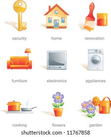 Icon set - home, security, renovation, furniture, electronics, appliances, cooking, flowers, gardens. Aqua style. Vector illustration