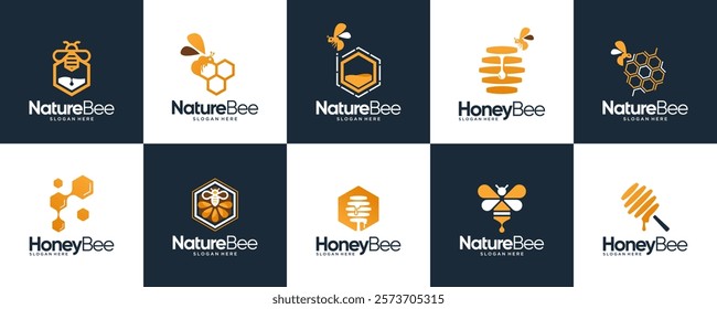 icon set of honey bee shape, beekeeping product quality, harvest, design template illustration.