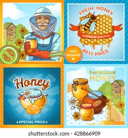Icon set of honey compositions with description how make honey and titles for stickers special price fresh honey best price for example vector illustration