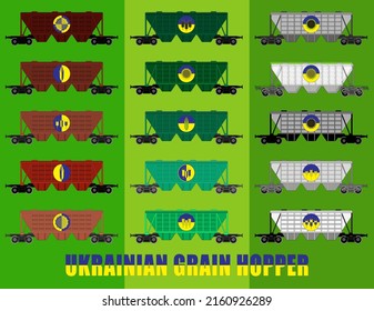 Icon set of hoppers for transportation of bulk grain, corn, sunflower and cereals in the colors of the Ukrainian flag. Ukrainian grain hoppers are yellow-blue. Vector illustration
