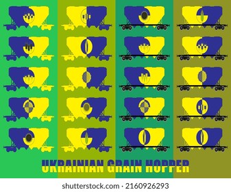 Icon set of hoppers for transportation of bulk grain, corn, sunflower and cereals in the colors of the Ukrainian flag. Ukrainian grain hoppers are yellow-blue. Vector illustration
