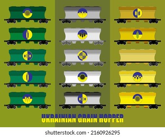 Icon set of hoppers for transportation of bulk grain, corn, sunflower and cereals in the colors of the Ukrainian flag. Ukrainian grain hoppers are yellow-blue. Vector illustration
