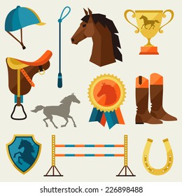Icon set with horse equipment in flat style.