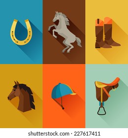 Icon set with horse equipment in flat style.