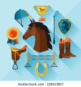 Icon set with horse equipment in flat style.