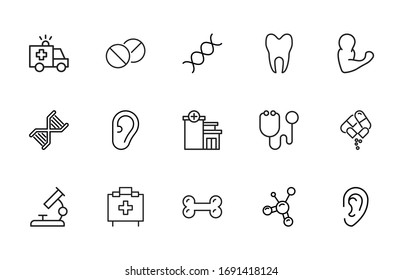 Conjunto de iconos del hospital. Pictogramas vectoriales editables aislados en un fondo blanco. Símbolos de diseño para aplicaciones móviles y diseño de sitios web. Paquete Premium de iconos en estilo de línea de moda.