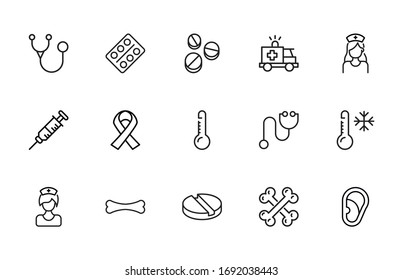 Conjunto de iconos del hospital. Pictogramas vectoriales editables aislados en un fondo blanco. Símbolos de diseño para aplicaciones móviles y diseño de sitios web. Paquete Premium de iconos en estilo de línea de moda.