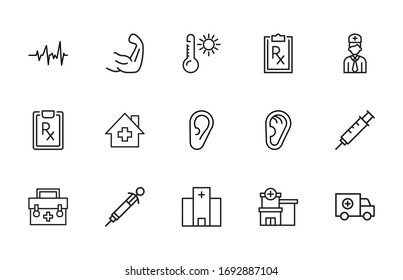 Icon set of hospital. Editable vector pictograms isolated on a white background. Trendy outline symbols for mobile apps and website design. Premium pack of icons in trendy line style.