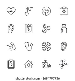 Conjunto de iconos del hospital. Pictogramas vectoriales editables aislados en un fondo blanco. Símbolos de diseño para aplicaciones móviles y diseño de sitios web. Paquete Premium de iconos en estilo de línea de moda.
