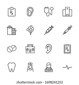 Icon set of hospital. Editable vector pictograms isolated on a white background. Trendy outline symbols for mobile apps and website design. Premium pack of icons in trendy line style.