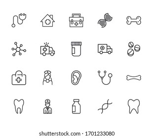 Icon set of hospital. Editable vector pictograms isolated on a white background. Trendy outline symbols for mobile apps and website design. Premium pack of icons in trendy line style.