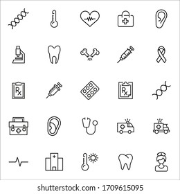 Icon set of hospital. Editable vector pictograms isolated on a white background. Trendy outline symbols for mobile apps and website design. Premium pack of icons in trendy line style.