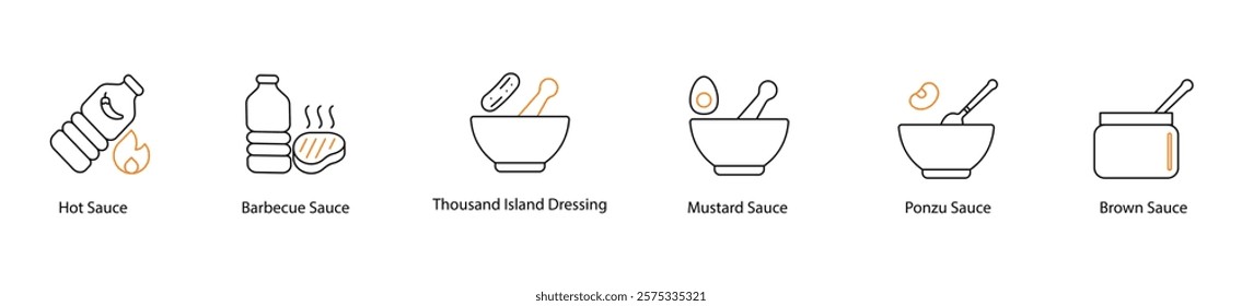 Icon Set: Hot, Barbecue, Thousand Island, Mustard, Ponzu, and Brown Sauces