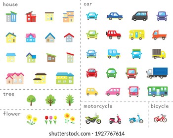 Icon Set Of House And Car And Bike And Plant - Color Only - Classification Version