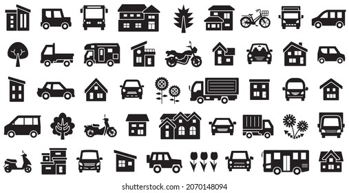 Icon Set Of House And Car And Bike And Plant - Silhouette Icon -