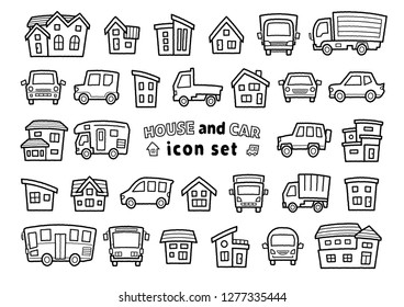 icon set of house and car - only hand writing style line drawing - arc upper version
