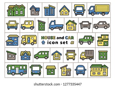 icon set of house and car - only hand writing style line drawing plus color -