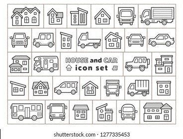 icon set of house and car - only hand writing style line drawing -