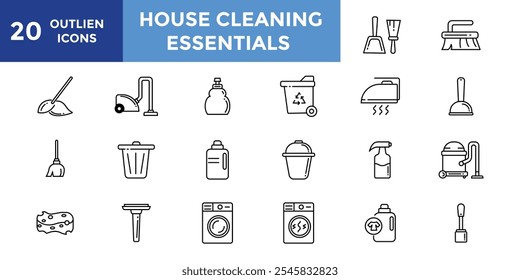 Icon set of house clean essentials, pó pan, escova, aspirador de pó, mob, agente de limpeza, ferro, escova de banheiro, lixeira, garrafa de spray, Perfeito para sites, aplicativos móveis, design de interface do usuário, apresentações