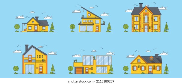 Icon set of House illustration. yellow and ash color house collection in vector format. Different buildings design. Flat building design in yellow color. Yellow house having trees clouds and birds. 