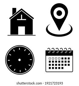 Symbol-Set für Haus, Standort, Uhr und KalenderVektorgrafik auf weißem Hintergrund