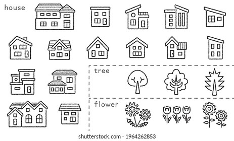 icon set of house and tree and flower - only hand writing style line drawing - Classification version