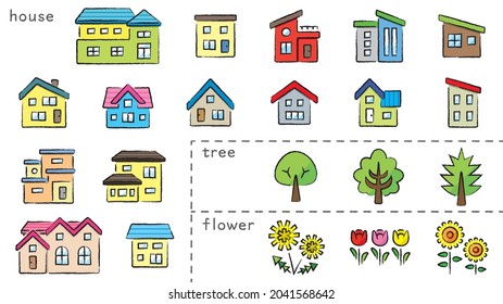 conjunto de iconos casa y árbol y flor - brocha de carbón vegetal (lápiz) más color - Versión de clasificación