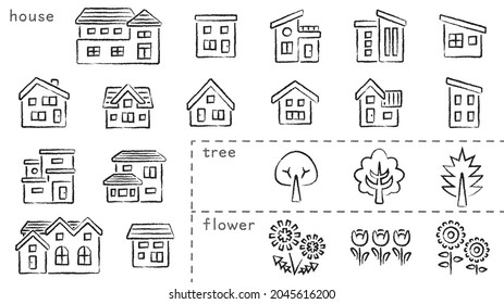 Icon Set Of House And Tree And Flower - Charcoal(pencil) Brush - Classification Version