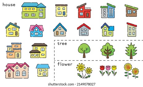 Icon Set Of House And Tree And Flower - Broken Line Plus Color - Classification Version