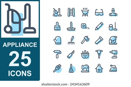 Icono set electrodomésticos.línea de estilo llenado.contiene aspiradora,escalera,parrilla,gafas de seguridad,tubería,cepillo,fregona,cinta de medición,lápiz,guantes,horquilla.ilustración vectorial