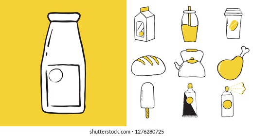 Icon set of household items, food and drinks. Vector illustration