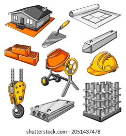 Icon set of housing construction items. Industrial repair or building symbols.
