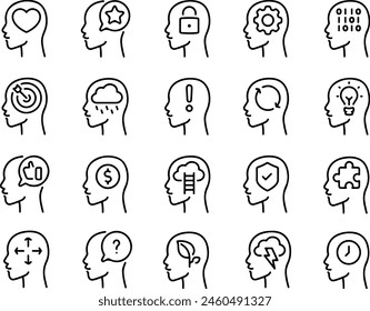 Icon set of human feelings head Fear, Anger, Disgust, Sadness, Happiness, Joy, Anxiety, Love, Surprise, Calmness Thin line icons flat vector illustrations isolated on white and transparent background