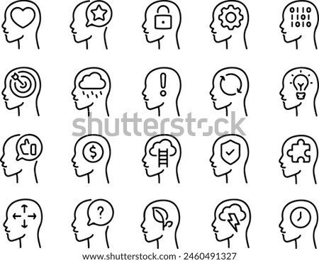 Icon set of human feelings head Fear, Anger, Disgust, Sadness, Happiness, Joy, Anxiety, Love, Surprise, Calmness Thin line icons flat vector illustrations isolated on white and transparent background