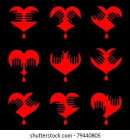 icon set of human hearts with hands on it isolated on black