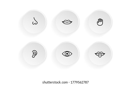 Icon set of human senses: vision, smell, hearing, touch, taste. Eye, nose, ear, hand, mouth with tongue. Vector on isolated white background. EPS 10.