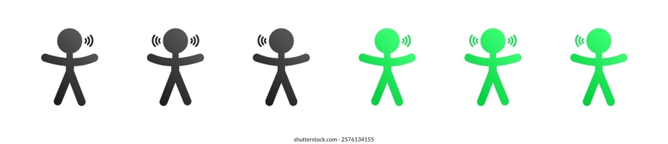 Icon set human speak and listen. Black and green man hear, listen on white background. Voice, speech, sound in vector design