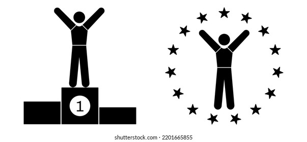 Icon Set von menschlichen Gewinner-Champion auf Podium. Vektorgrafik