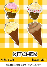 Icon set of ice cream and cupcakes, vector illustration