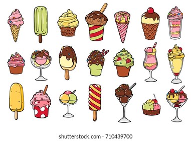 Icon set of ice frozen desserts cream, waffle cone, ice cream with caramel or chocolate. ice cream with nuts,sweet vanilla whipped cream and fruit ice. Vector illustration, lines on a white background