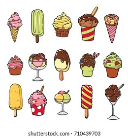 Icon set of ice frozen desserts cream, waffle cone, ice cream with caramel or chocolate. ice cream with nuts,sweet vanilla whipped cream and fruit ice. Vector illustration, lines on a white background